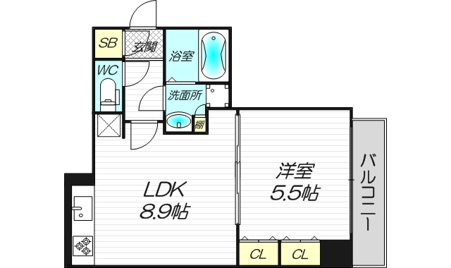 大阪府吹田市垂水町３丁目36-27TOPAZ江坂1LDK37.5㎡西向き608号室の間取り図